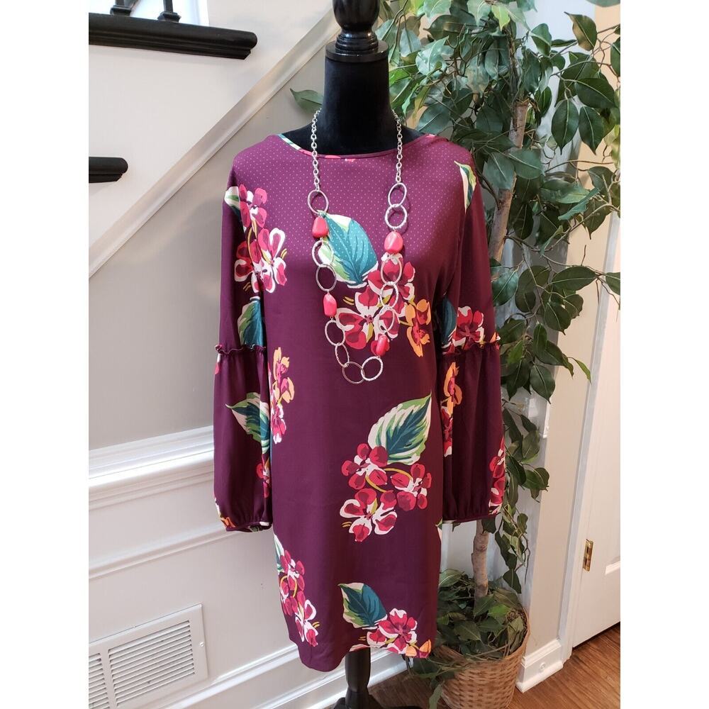 Loft Women's Purple Floral Polyester Round Neck Long Sleeve Knee Length Dress XL